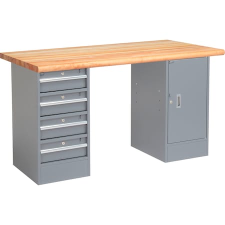 Global Industrial 60 x 30 Pedestal Workbench, 4 Drawers & Cabinet, Maple Safety Edge, Gray 607622